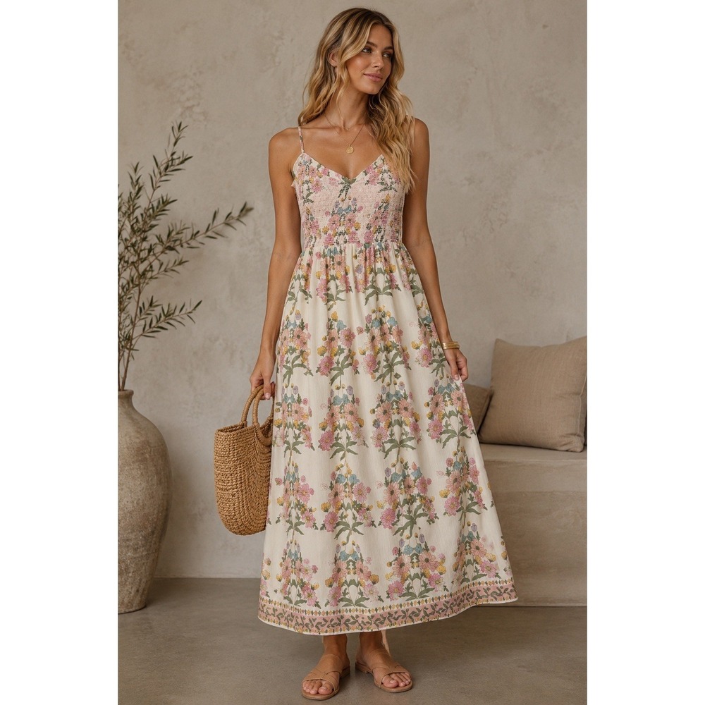 Patrons Of Peace Sylvia Floral Maxi Dress Womens S Smocked Bodice Baby Doll